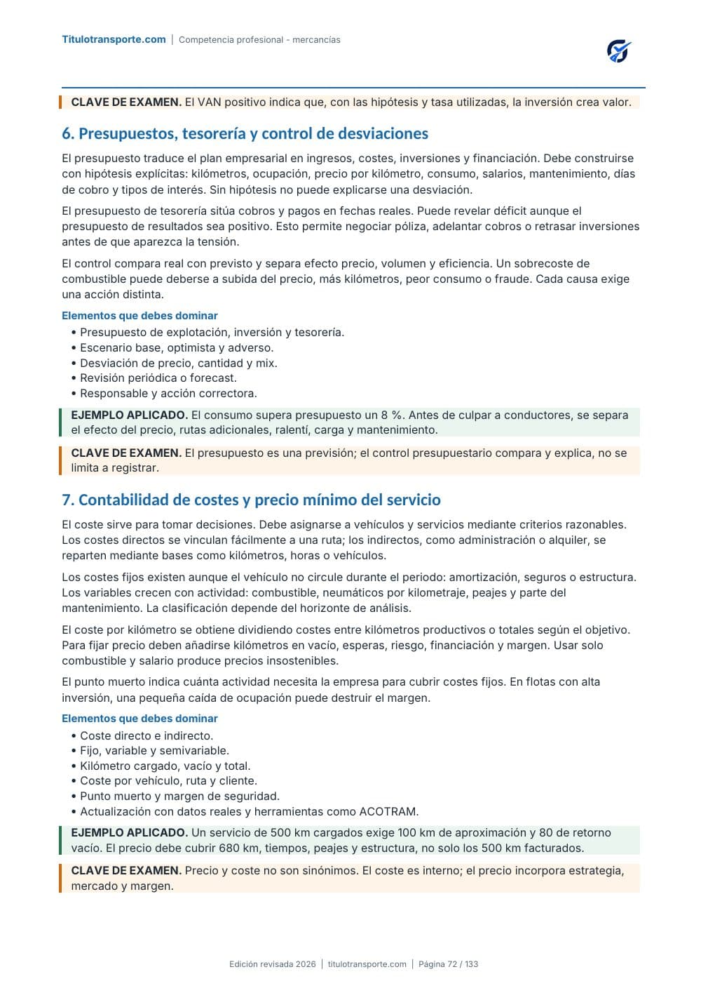 Página real con fórmulas y conceptos de costes del transporte