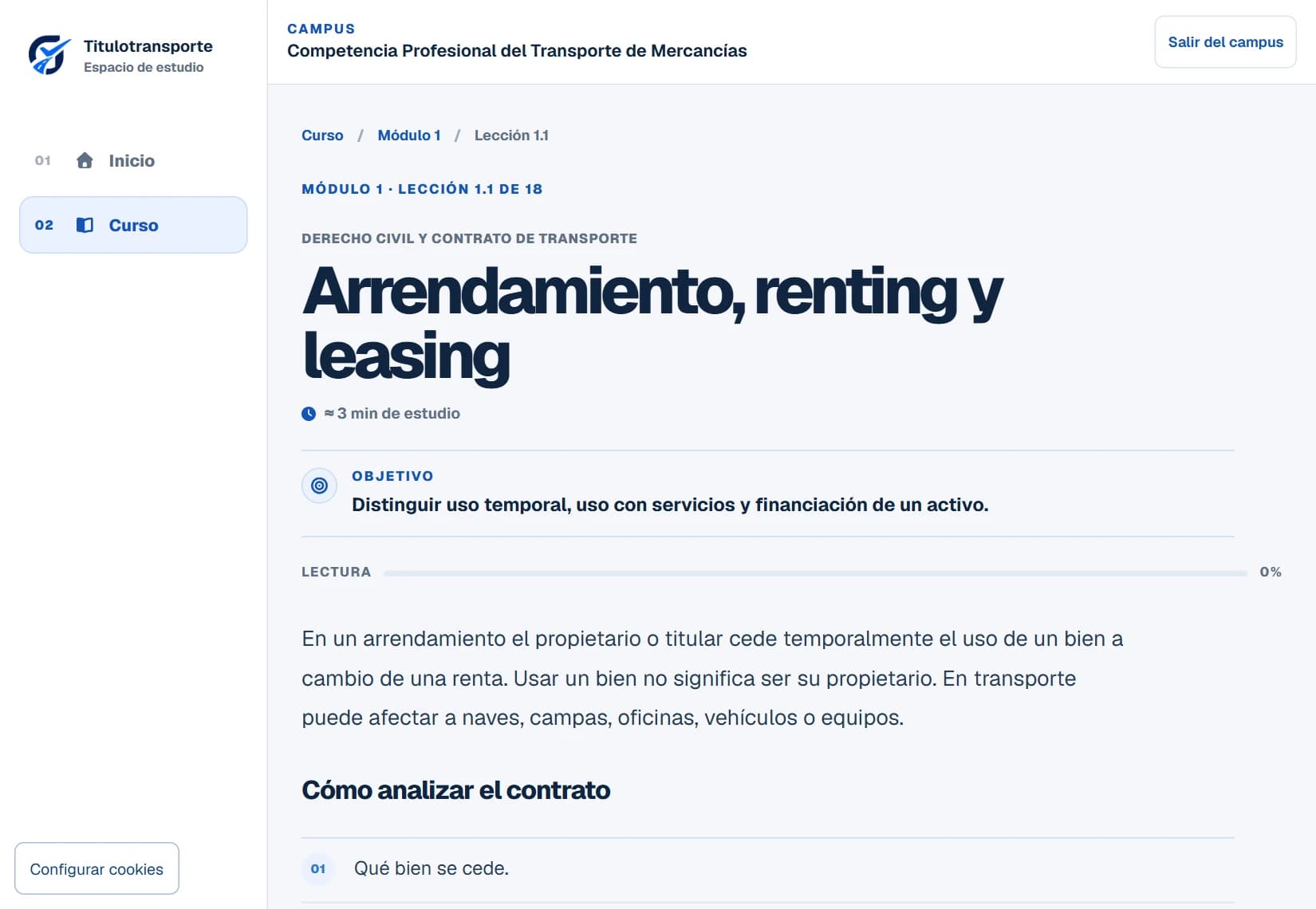 Lección real del campus con título, objetivo de aprendizaje y explicación de arrendamiento, renting y leasing