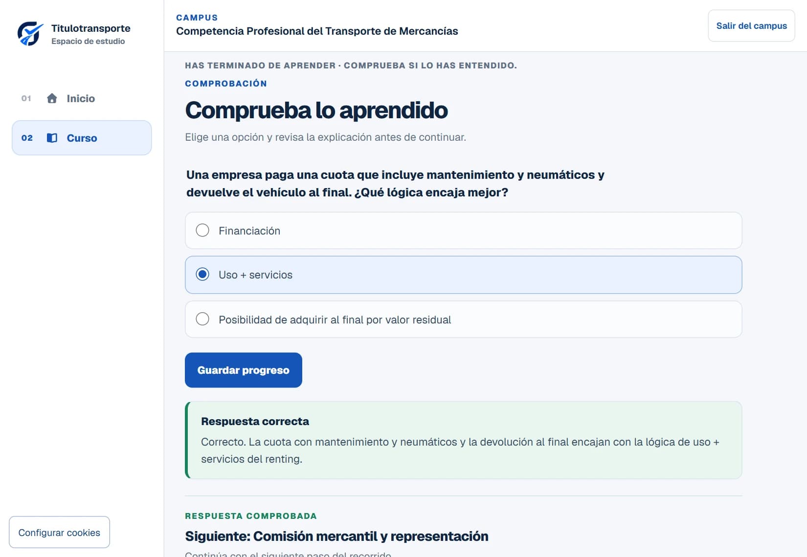 Comprobación real de una lección con pregunta, opciones y explicación de la respuesta correcta