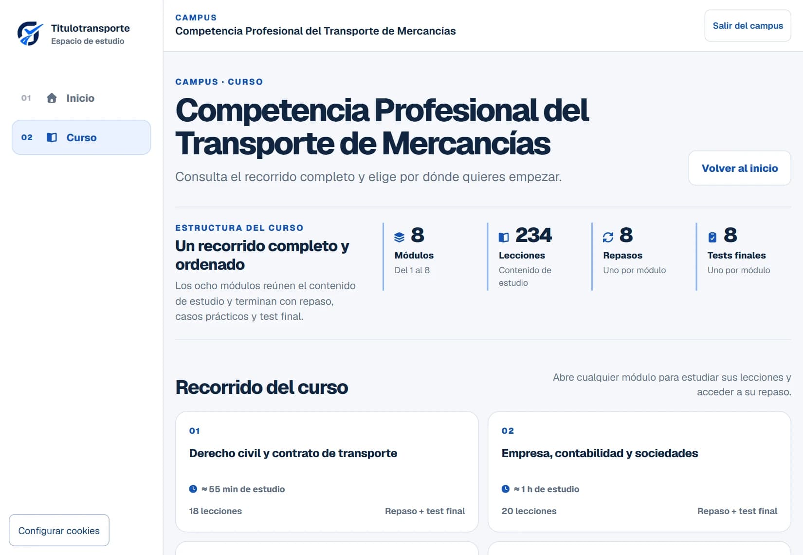 Vista real del campus de Mercancías con su navegación y el recorrido por módulos