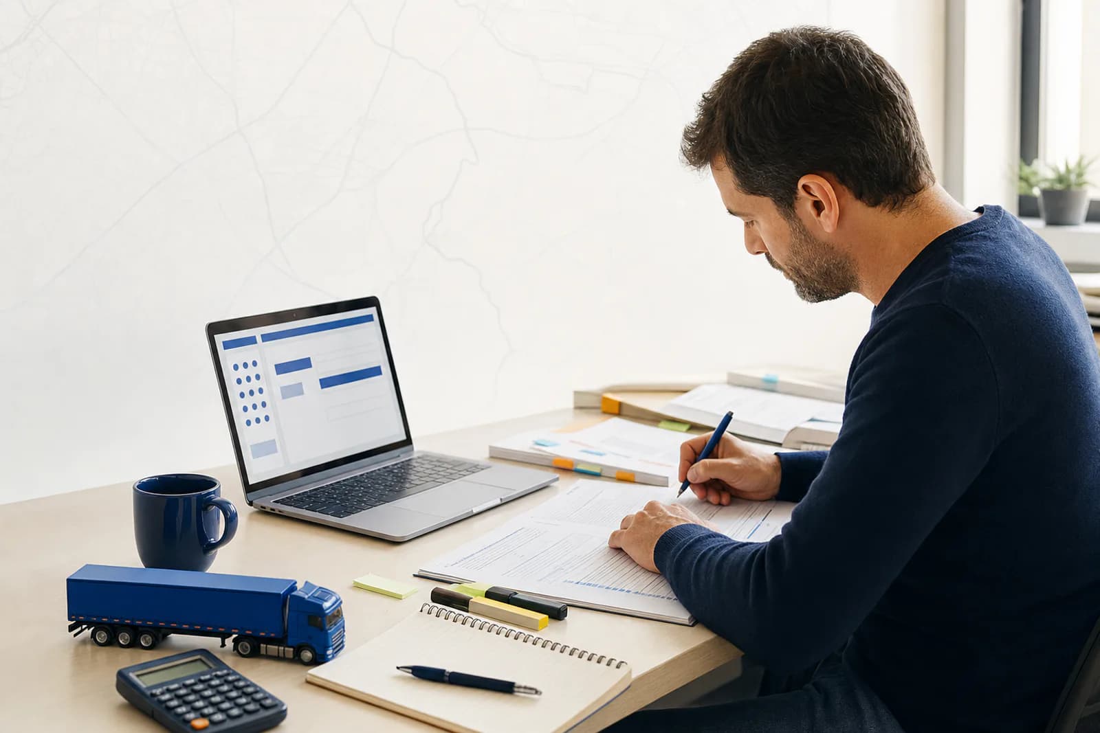 Persona preparando el examen de competencia profesional de mercancías con apuntes, ordenador y calculadora